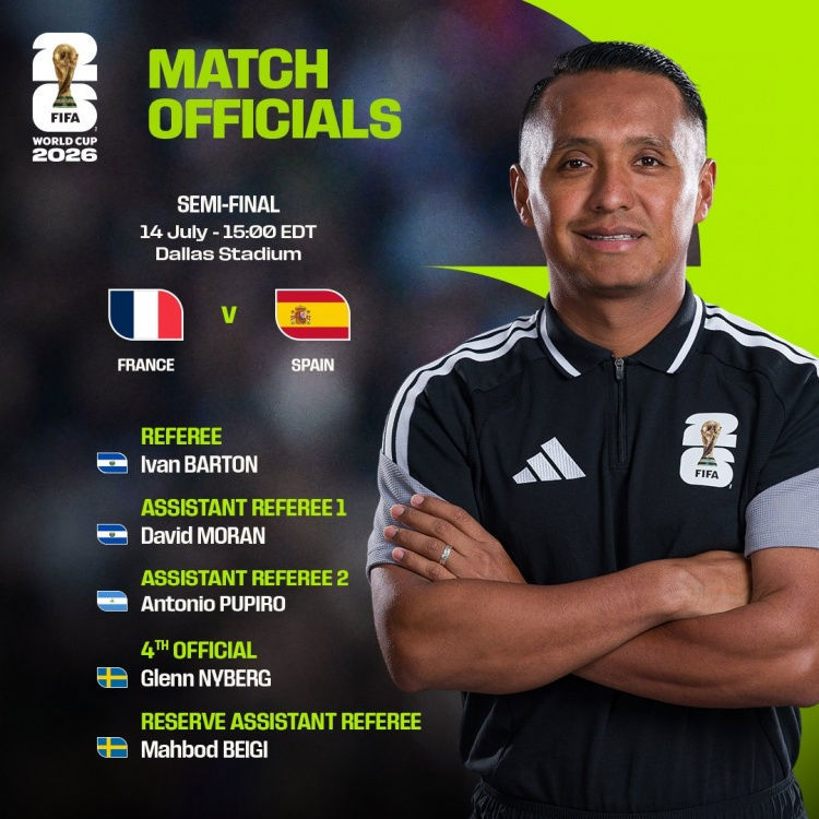 Trọng tài trận Pháp vs Tây Ban Nha: Ivan Barton (El Salvador) bắt chính Trọng tài trận Pháp vs Tây Ban Nha: Ivan Barton (El Salvador) bắt chính