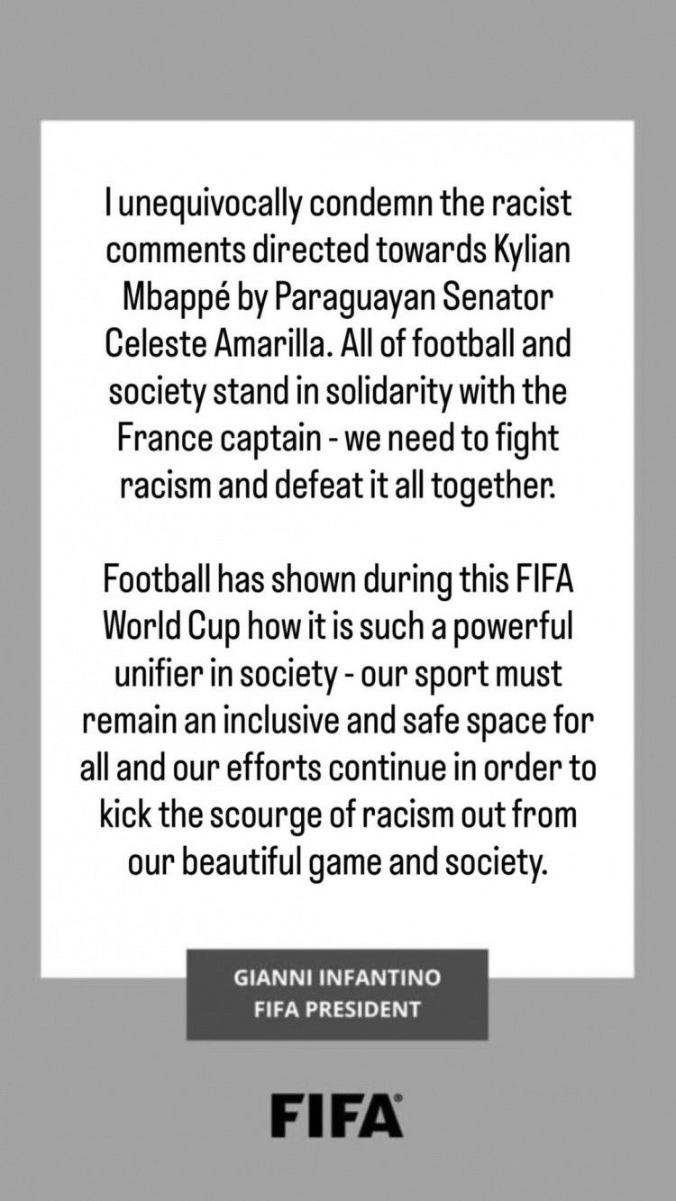 Chủ tịch FIFA Infantino ra tuyên bố lên án những phát ngôn mang tính phân biệt chủng tộc của một nghị sĩ Paraguay nhằm vào Mbappe