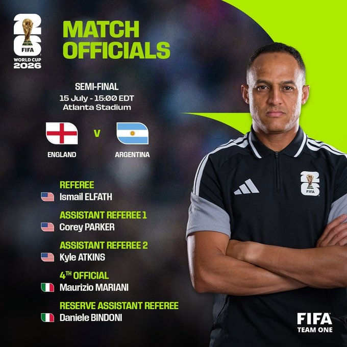 Đội ngũ trọng tài bán kết World Cup Anh vs Argentina: Trọng tài người Mỹ Elfath điều khiển trận đấu