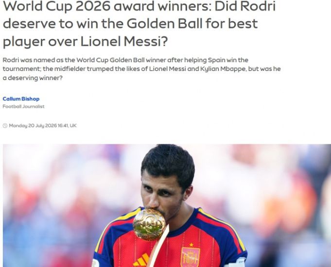 Rodri thắng Messi giành Quả bóng Vàng World Cup, Sky Sports: Giải thưởng cho đội hay nhất chứ không phải cầu thủ hay nhất Rodri thắng Messi giành Quả bóng Vàng World Cup, Sky Sports: Giải thưởng cho đội hay nhất chứ không phải cầu thủ hay nhất